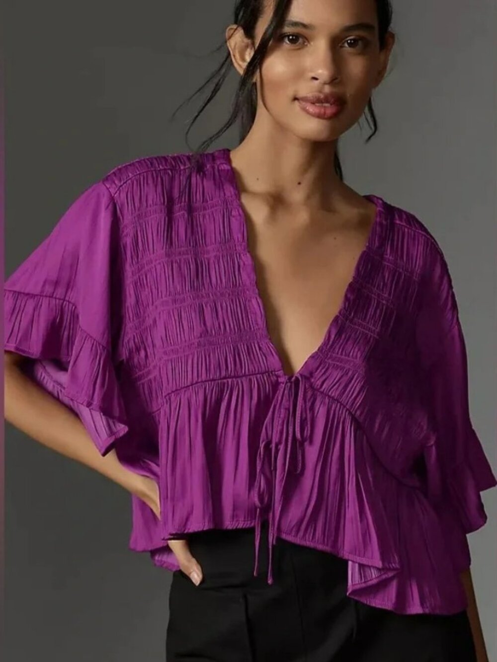 Anthropologie Smocked Swing Top in Raspberry